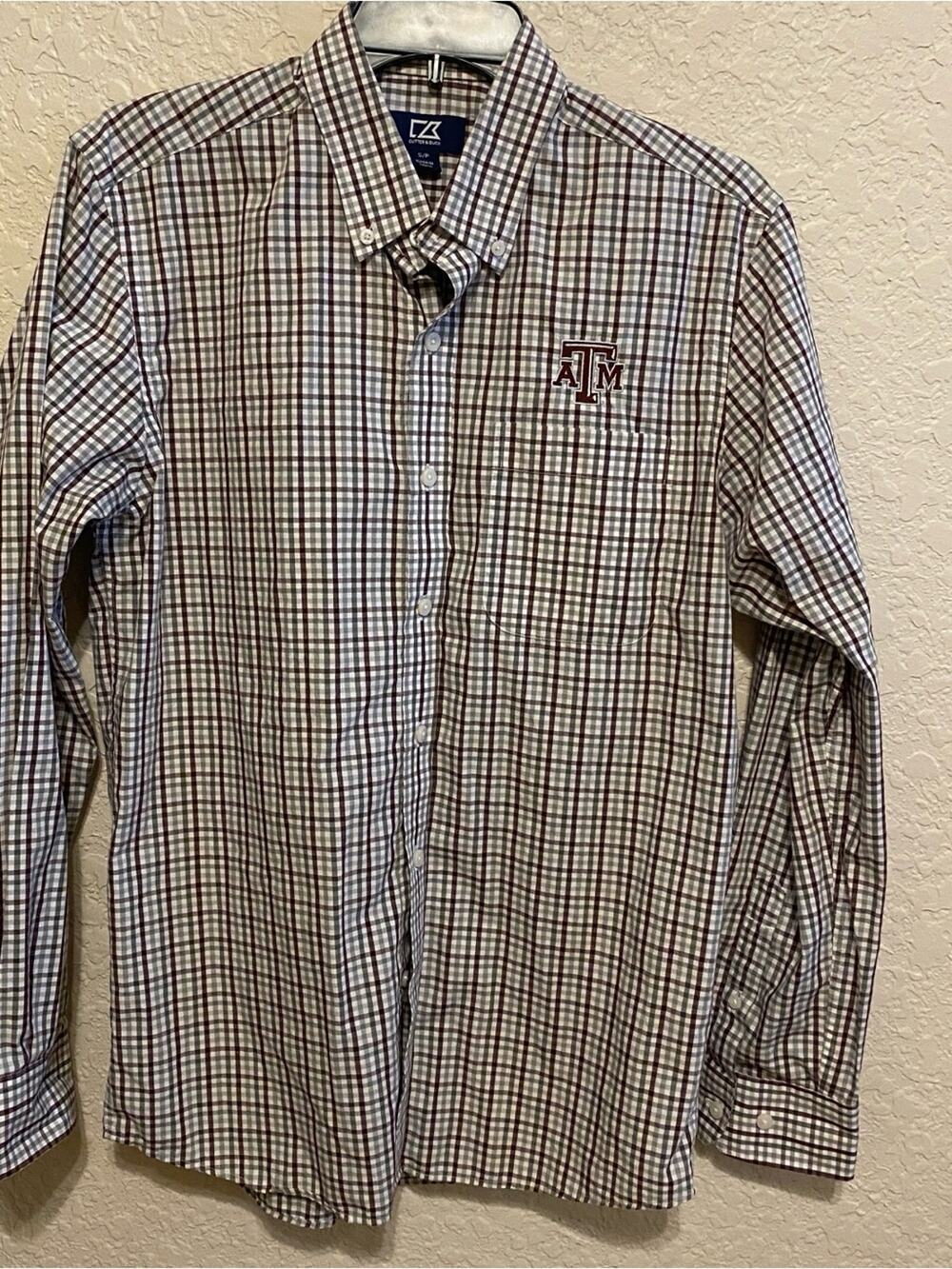 Cutter & Buck Men's Button-Down Plaid Shirt Embroidered Logo Maroon/White Small